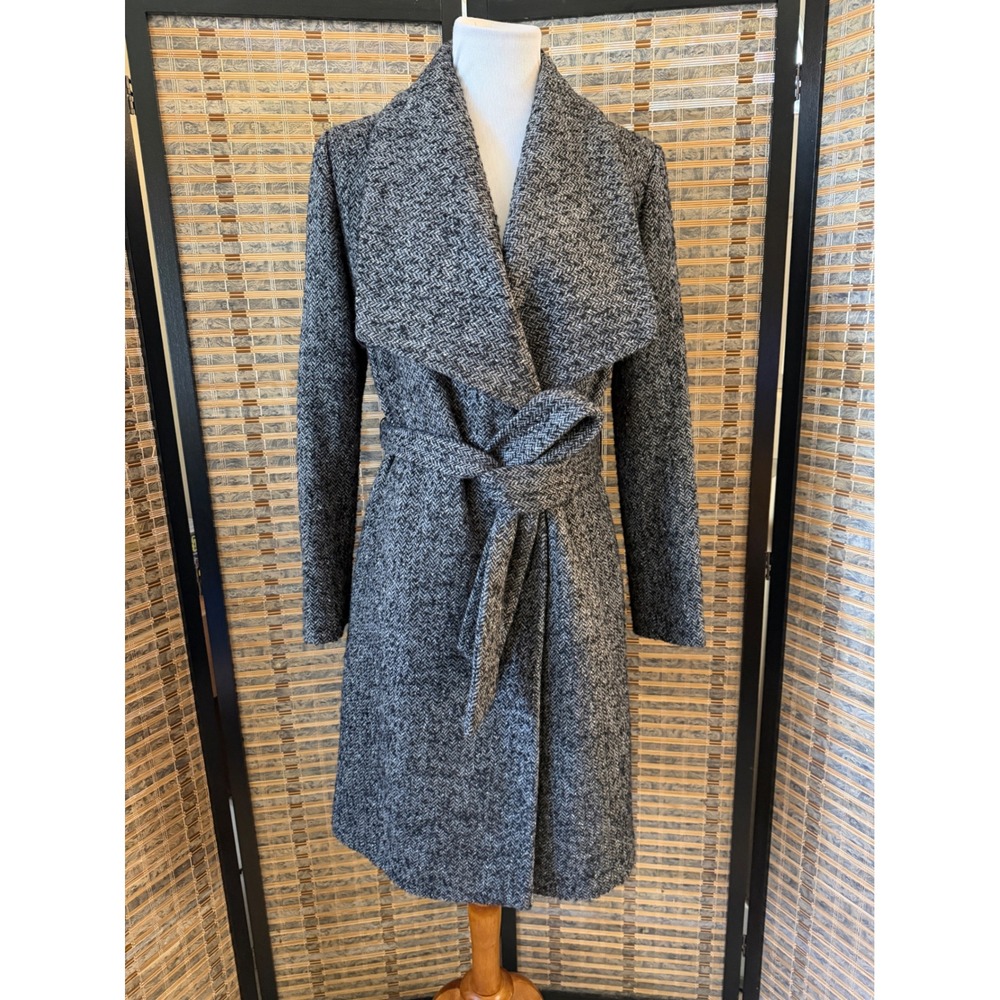 Cole Haan Signature Wrap Coat Women 4 Grey Herringbone Wool Blend Belted Coat